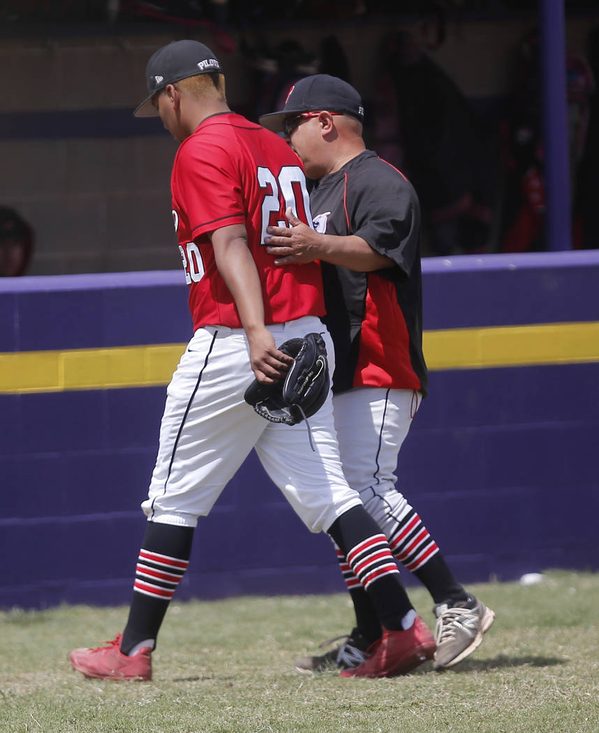Banning’s Gabriel Ruiz (20) walks off the field as he is relieved from pitching during ...