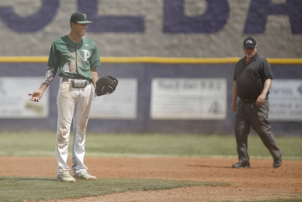 Palo Verde’s Jaret Godman (44) reacts after an empire called a player safe on first ba ...