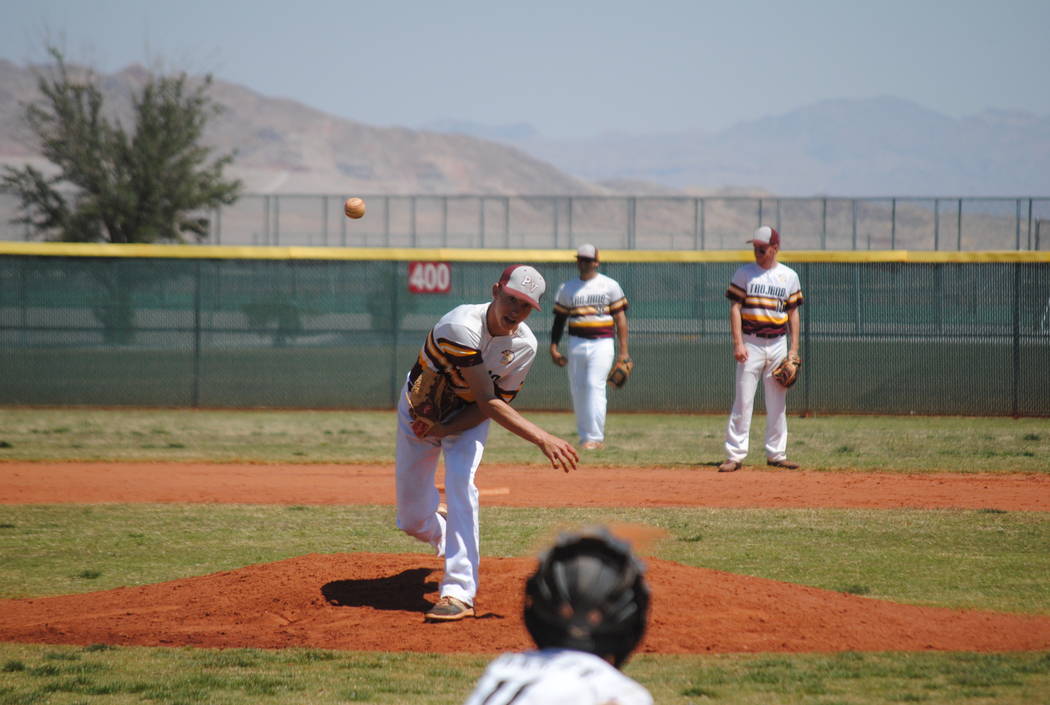 Pahrump Valley’s Willie Lucas throws a pitch on Wednesday against Mojave. Lucas fired ...