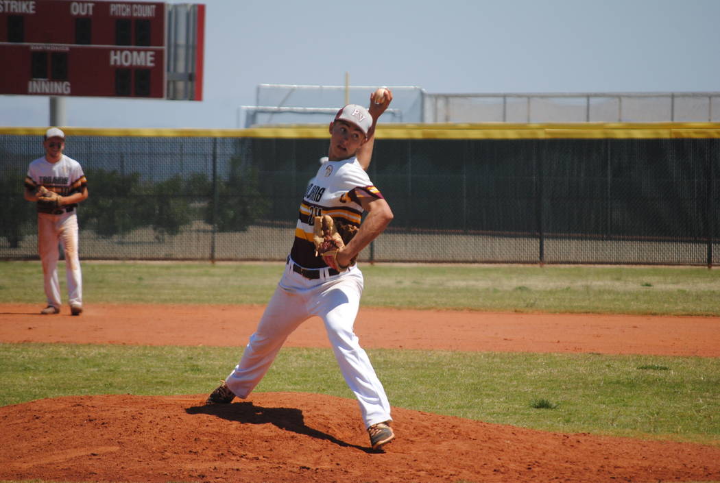 Pahrump Valley’s Willie Lucas throws a pitch on Wednesday against Mojave. Lucas fired ...