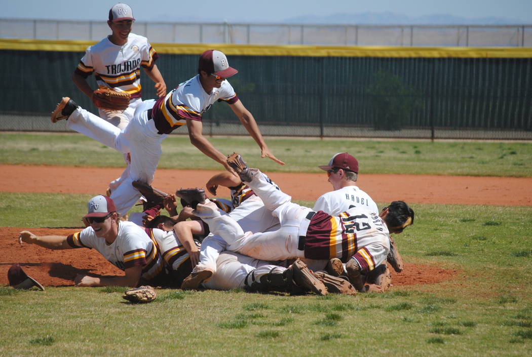 Pahrump Valley players celebrate Willie Lucas’ no-hitter on Wednesday. The Trojans bea ...