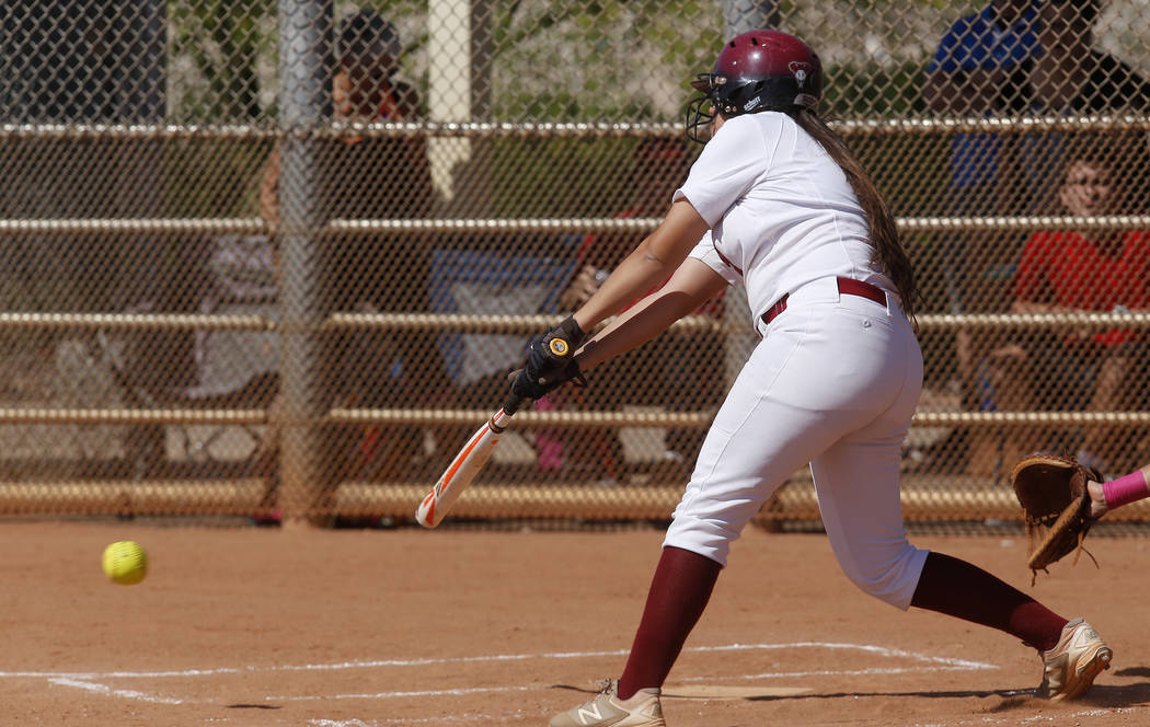 Desert Oasis’s Meaghan McInerney (21) swings during a high school softball game at Maj ...