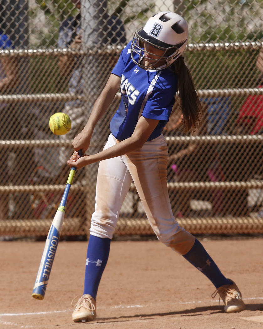 Basic’s Alyssa Ferguson (21) swings during a high school softball game at Majestic Par ...