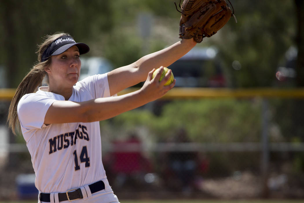 Shadow Ridge junior Shelbi Denman pitches to Banning at Majestic Park in part of the Spring ...