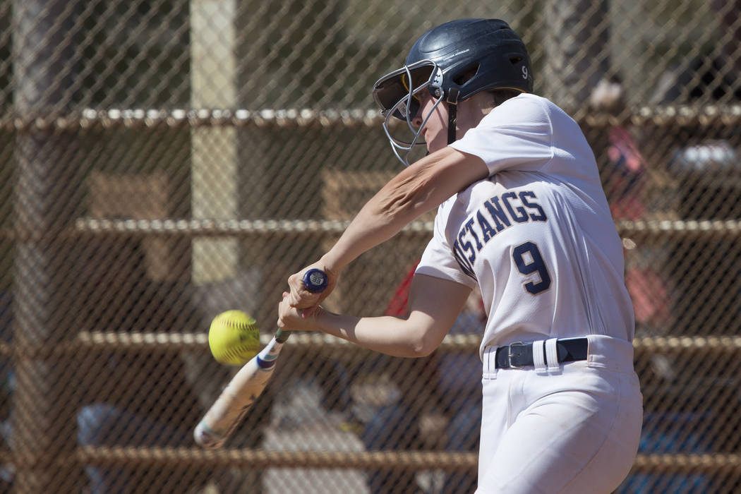 Shadow Ridge junior Maddie Wills hits the ball during a game against Banning at Majestic Par ...