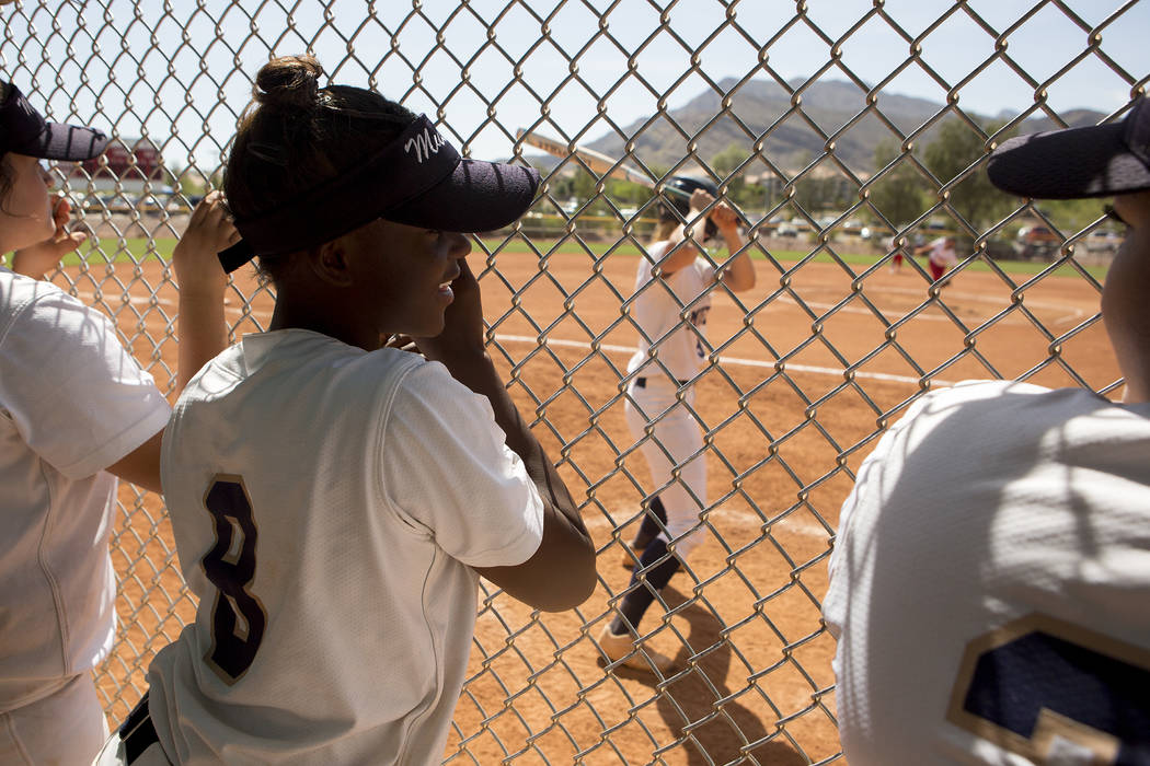 Shadow Ridge players cheer on their teammates batting during their game against Banning at M ...