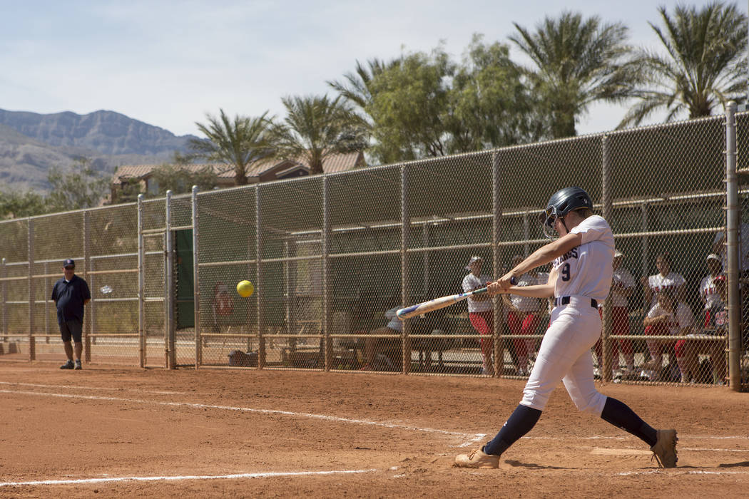 Shadow Ridge junior Maddie Wills hit the ball during their game against Banning at Majestic ...