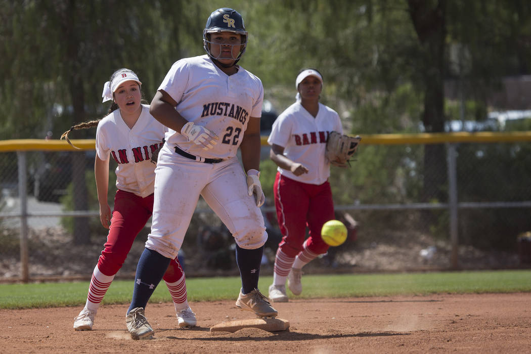 Shadow Ridge sophomore Alyssa Stanley safely makes it to second base as Banning misses a pas ...