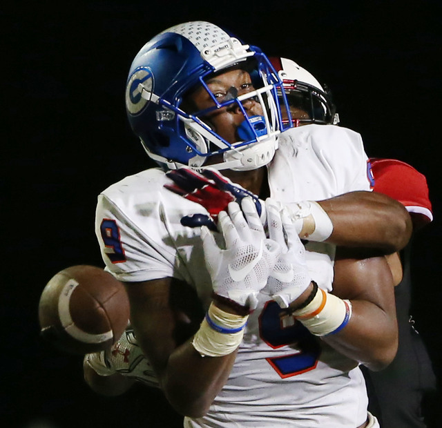 Bishop Gorman wide receiver Brevin Jordan (9) is unable to make a catch while being defended ...