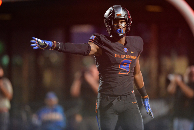 Bishop Gorman defensive end Brevin Jordan (9) celebrates a sack during the Bishop Gorman Hig ...