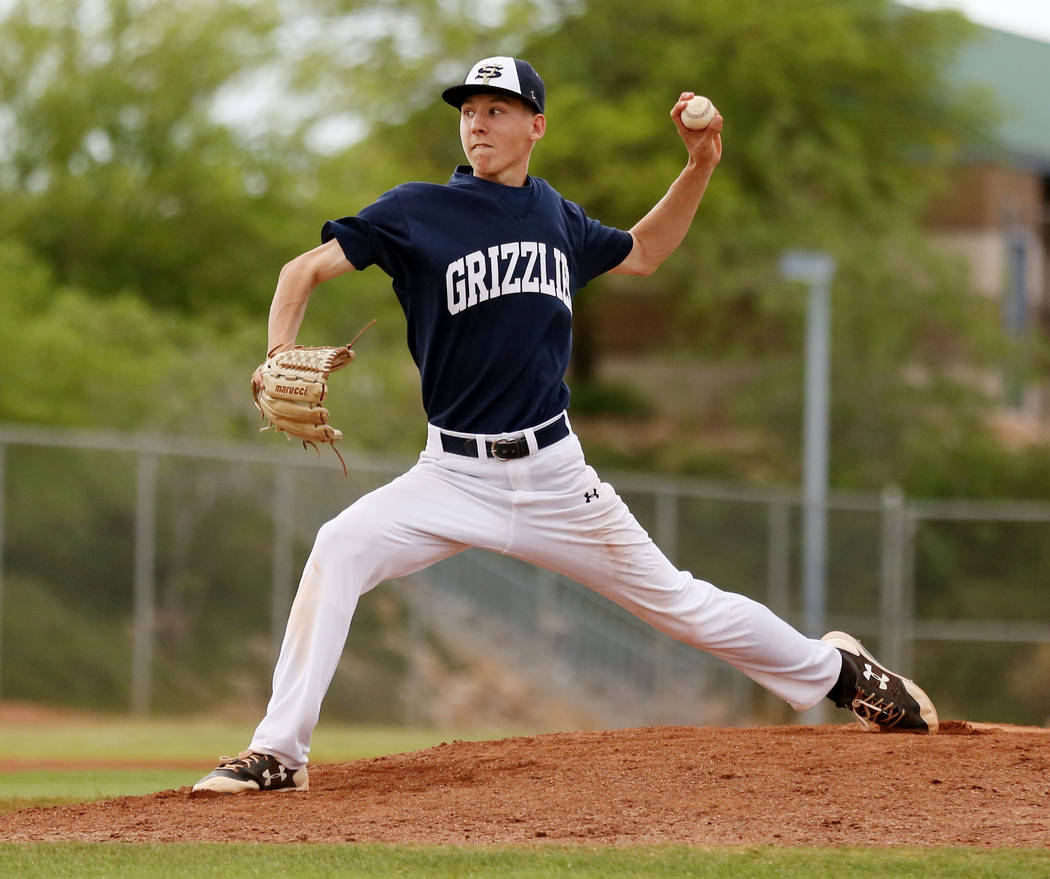 Spring Valley’s Braxton Bruschke pitches against Sierra Vista High School at Spring Va ...