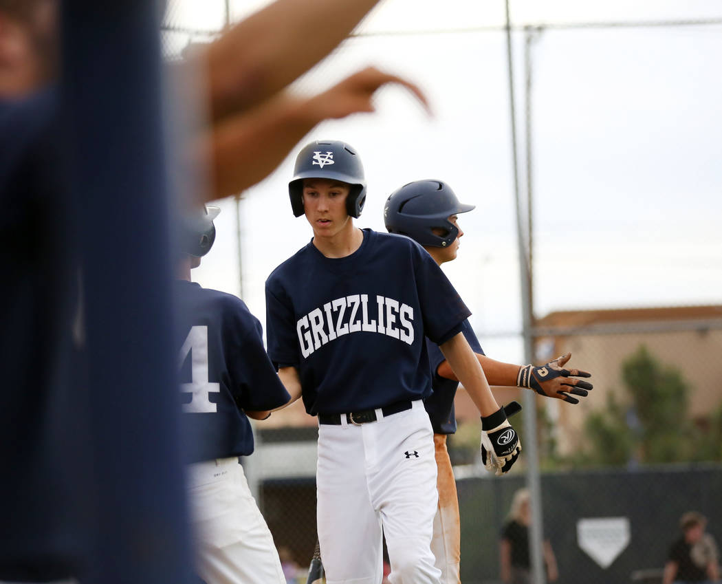 Spring Valley’s Braxton Bruschke is congratulated by his team after scoring in the fif ...