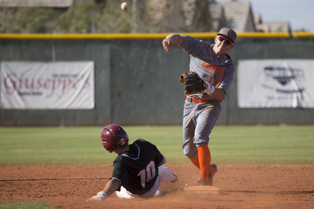 Bishop Gorman’s Nick Israel (13) throws to first base late after tagging second base f ...