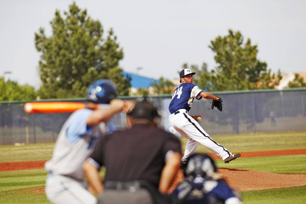 Spring Valley’s Nick Rupp (44) pitches against Centennial High School on Monday, April ...