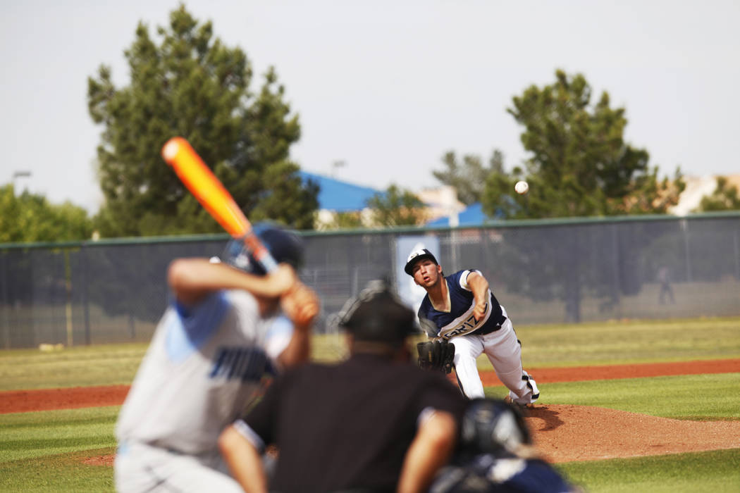 Spring Valley’s Nick Rupp (44) pitches against Centennial High School on Monday, April ...