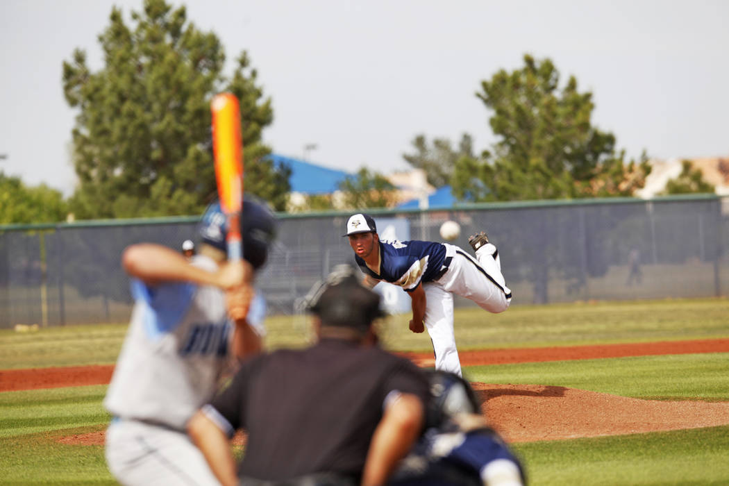 Spring Valley’s Nick Rupp (44) pitches against Centennial High School on Monday, April ...