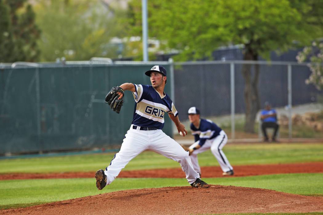 Spring Valley’s Nick Rupp (44) pitches against Centennial High School on Monday, April ...