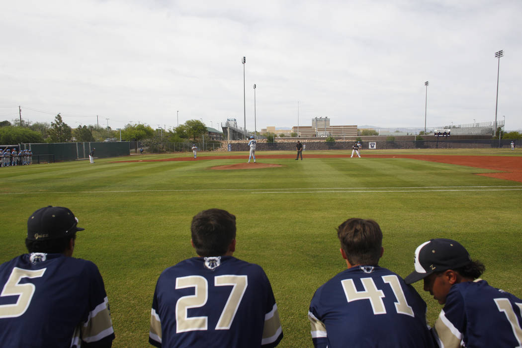 Spring Valley players watch the game against Centennial High School on Monday, April 24, 201 ...