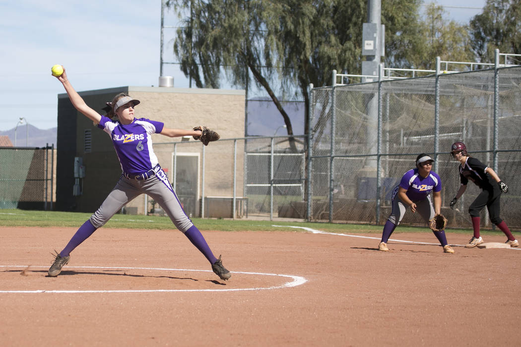 Durango freshman Madison Boyce pitches to Desert Oasis during a game at Desert Oasis High Sc ...