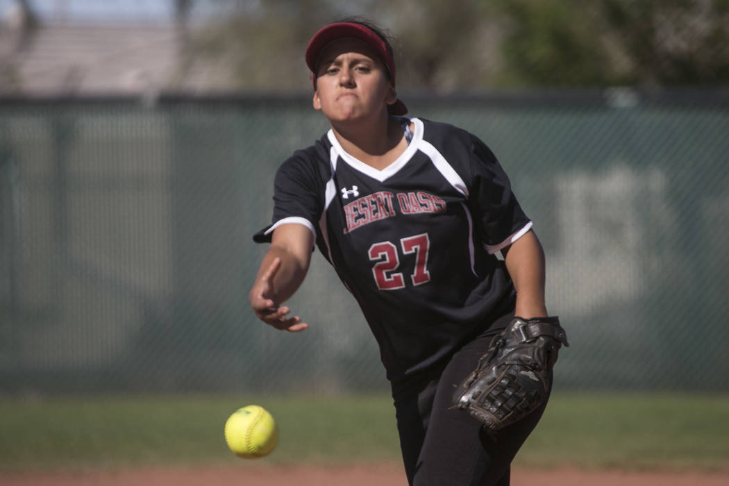 Desert Oasis senior Elsy Guzman pitches to Durango during a game at Desert Oasis High School ...