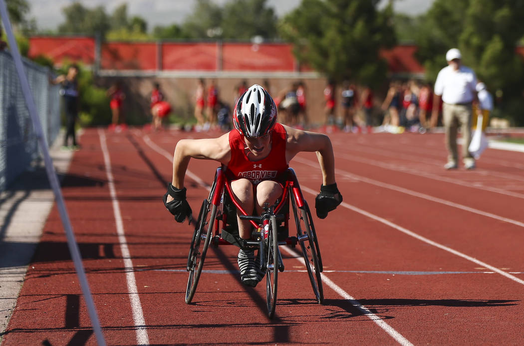 Arbor View freshman Blake Dickinson, far left, competes in the 100-meter dash during a track ...