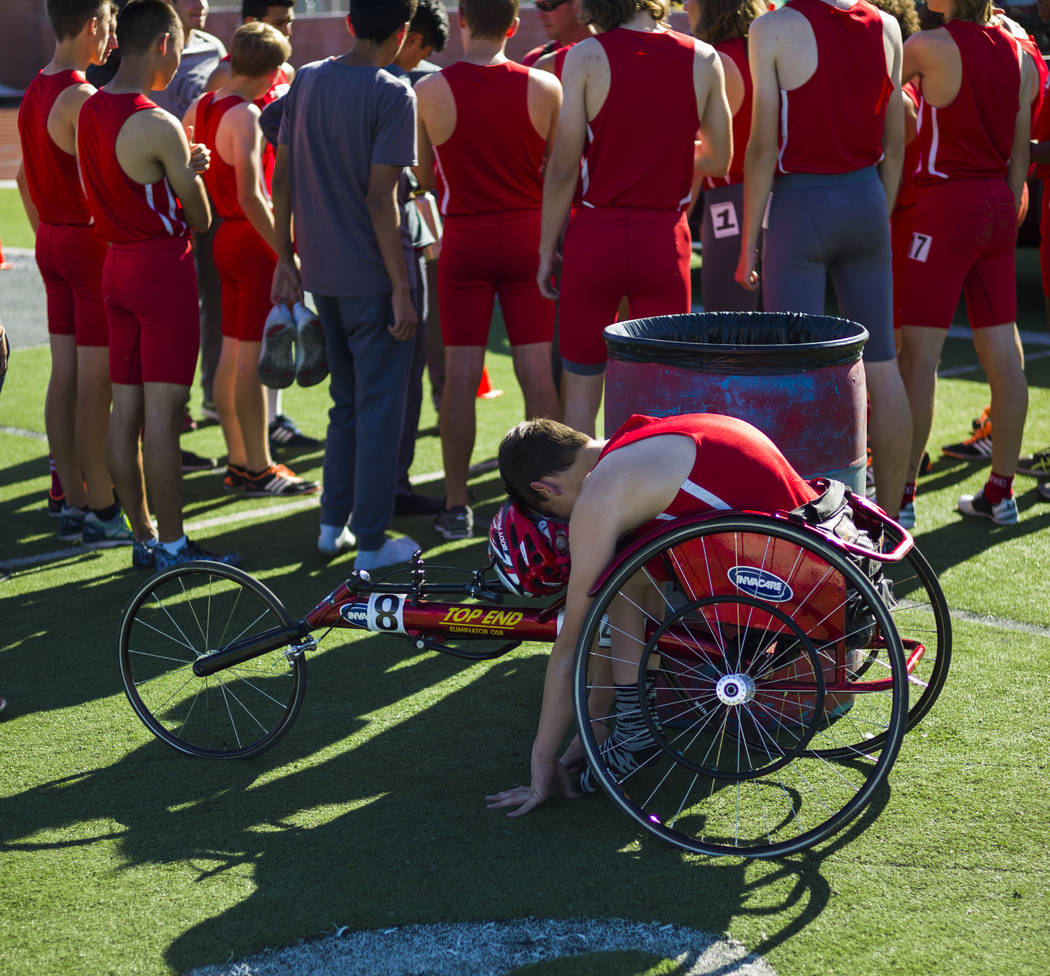Arbor View freshman Blake Dickinson stretches between events during a track and field meet a ...