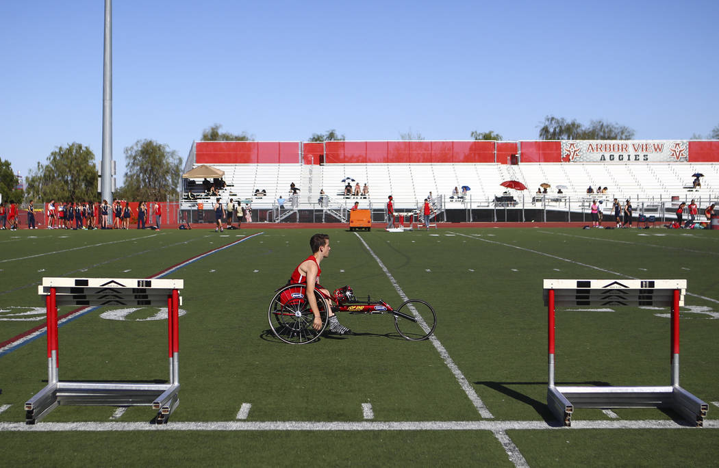 Arbor View freshman Blake Dickinson between events during a track and field meet at Arbor Vi ...