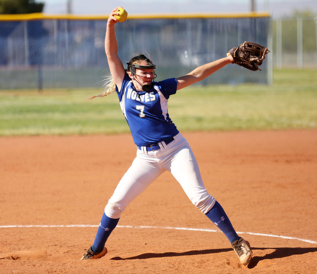 Basic High School’s Shelby Basso pitches against Foothill High School during the fifth ...