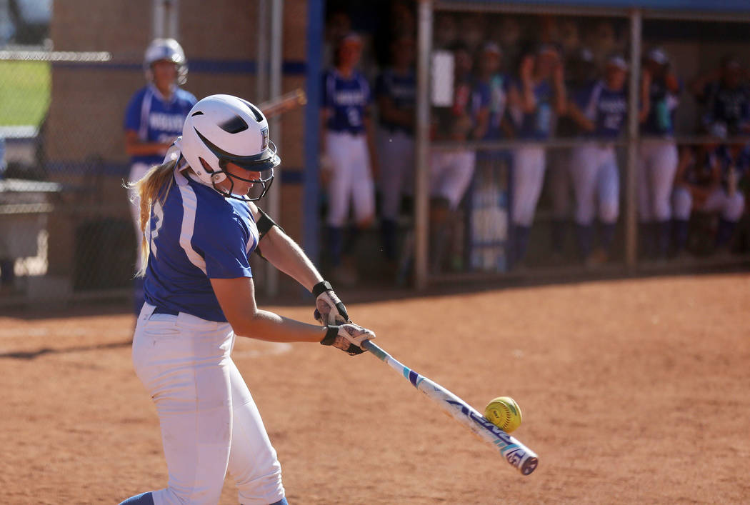 Basic High School’s Shelby Basso hits during the sixth inning against Foothill High Sc ...