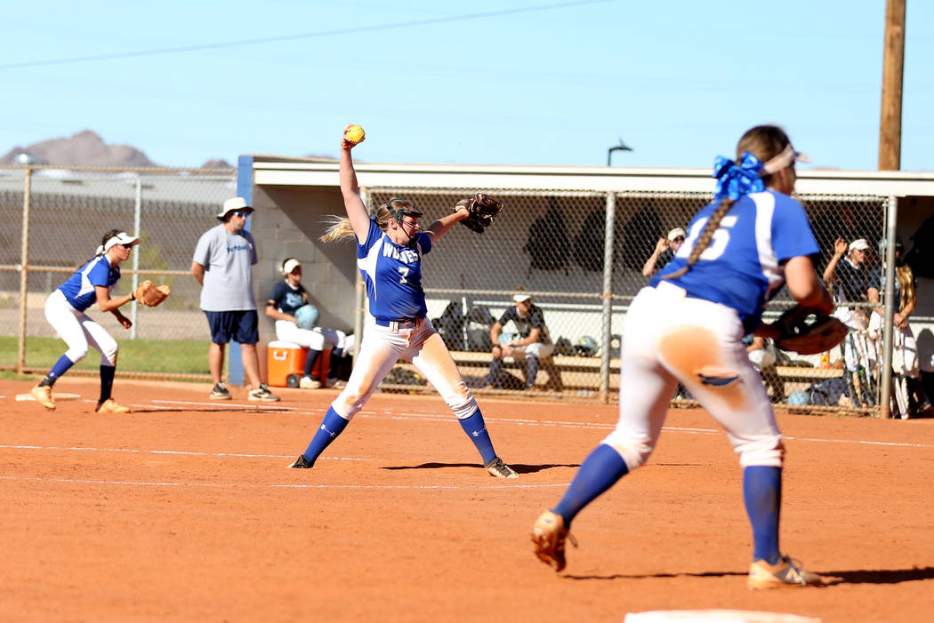 Basic High School’s Shelby Basso (7) pitches against Foothill High School at Basic Hi ...