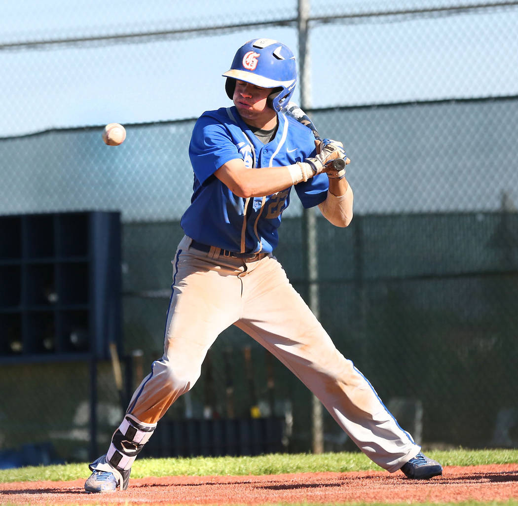 Bishop Gorman’s Braxton Wehrle bats against Spring Valley at Spring Valley High School ...