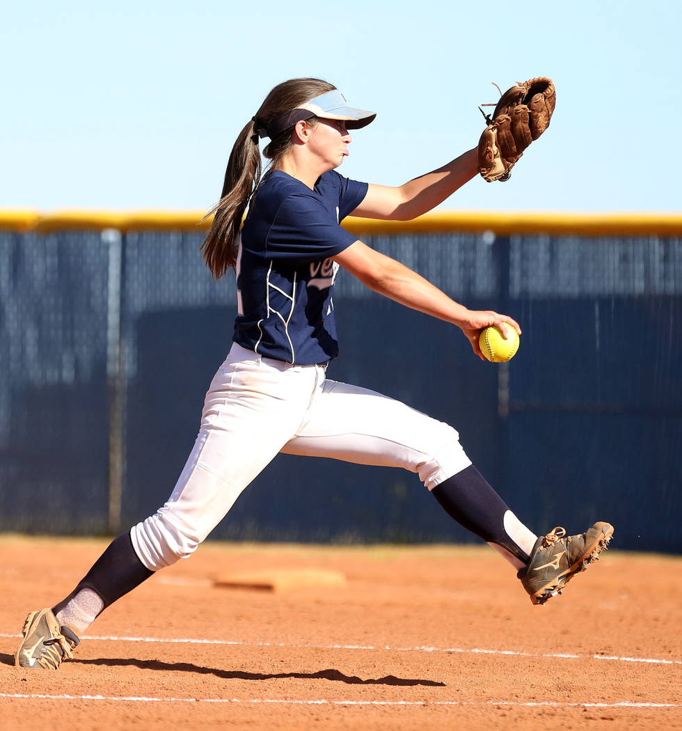 Centennial’s Abby Hanley pitches against Faith Lutheran during the fourth inning at Ce ...