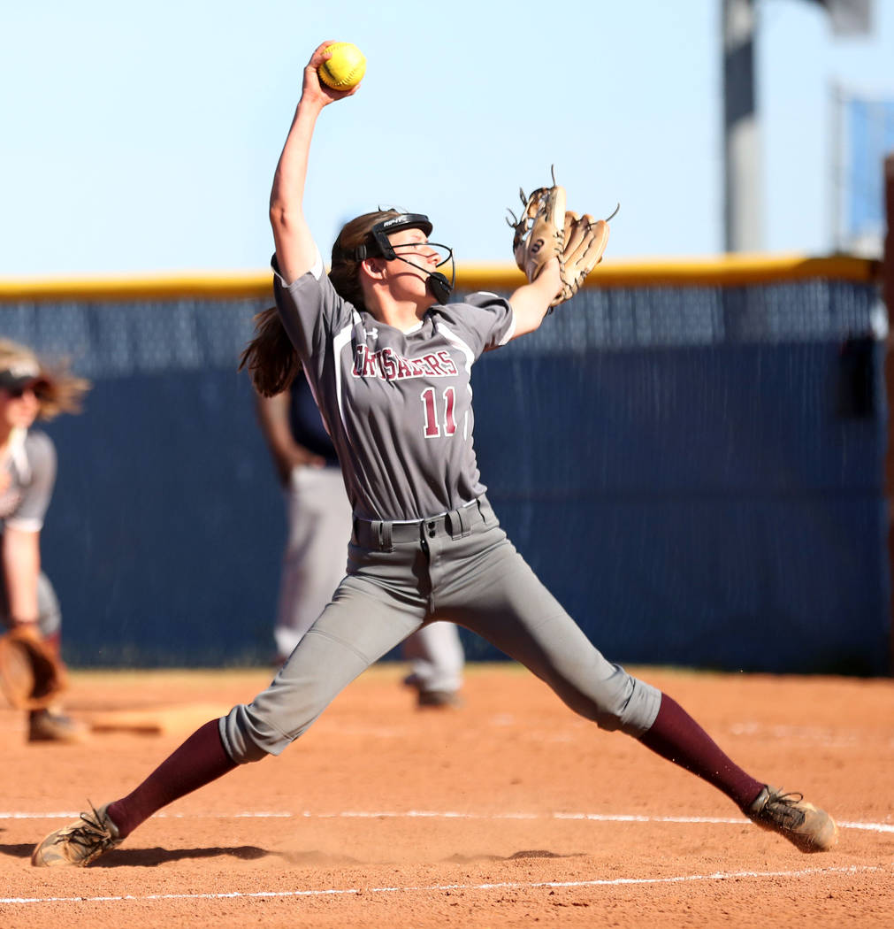 Faith Lutheran’s Sophie Foster pitches during the fourth inning against Centennial at ...