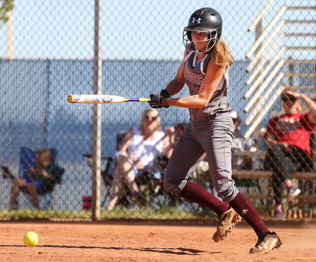 Faith Lutheran’s Ellie Fried bunts the ball during the fourth inning against Centennia ...