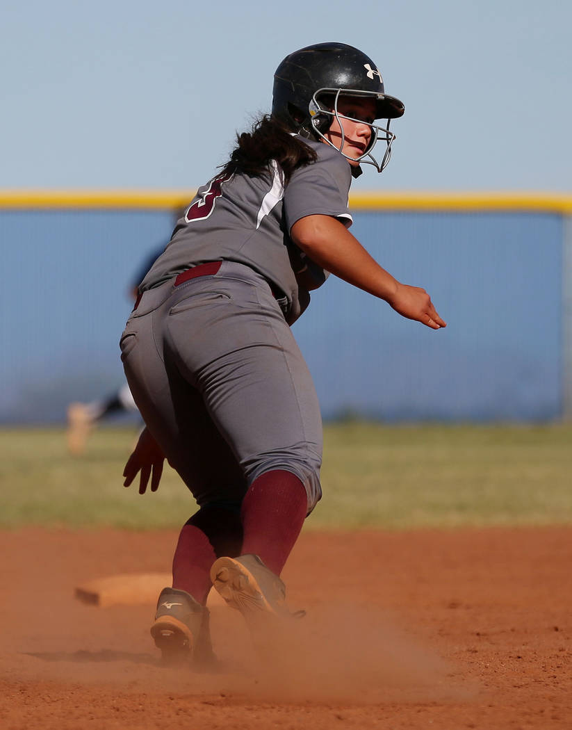 Faith Lutheran’s Audrey Kirsch returns to second base after an attempted steal during ...