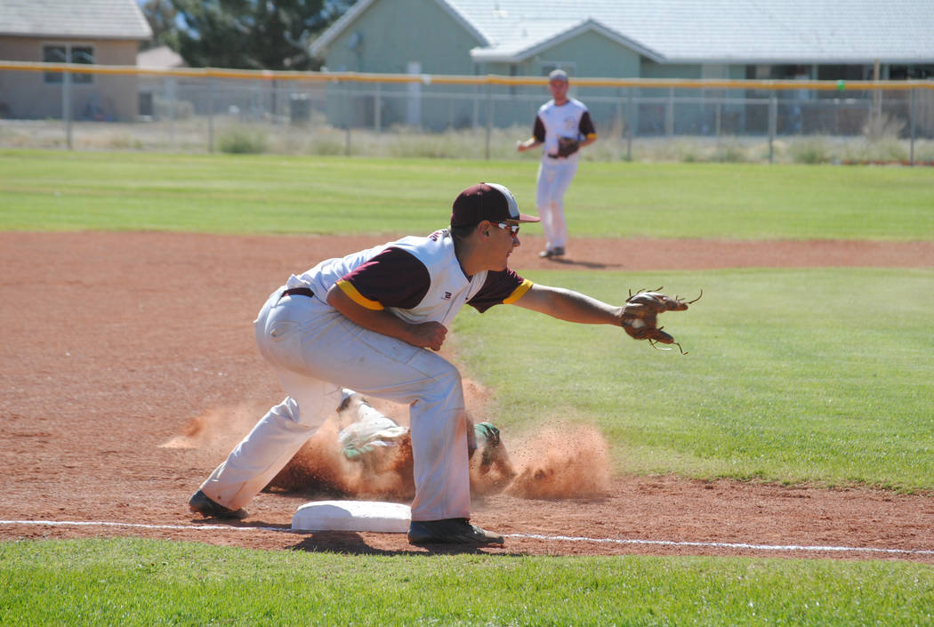 Mojave’s Scott Wilson steals third base at Pahrump Valley High School, Thursday, May 4 ...