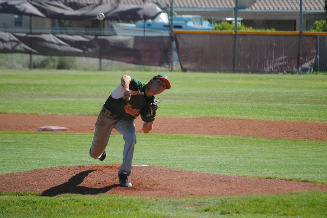 Mojave’s Scott Wilson delivers a pitch at Pahrump Valley High School, Thursday, May 4, ...
