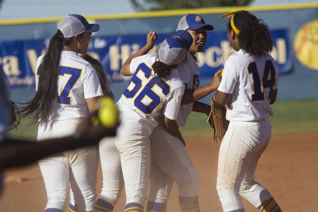 Sierra Vista celebrate their 8-1 win against Durango at Sierra Vista High School on Thursday ...