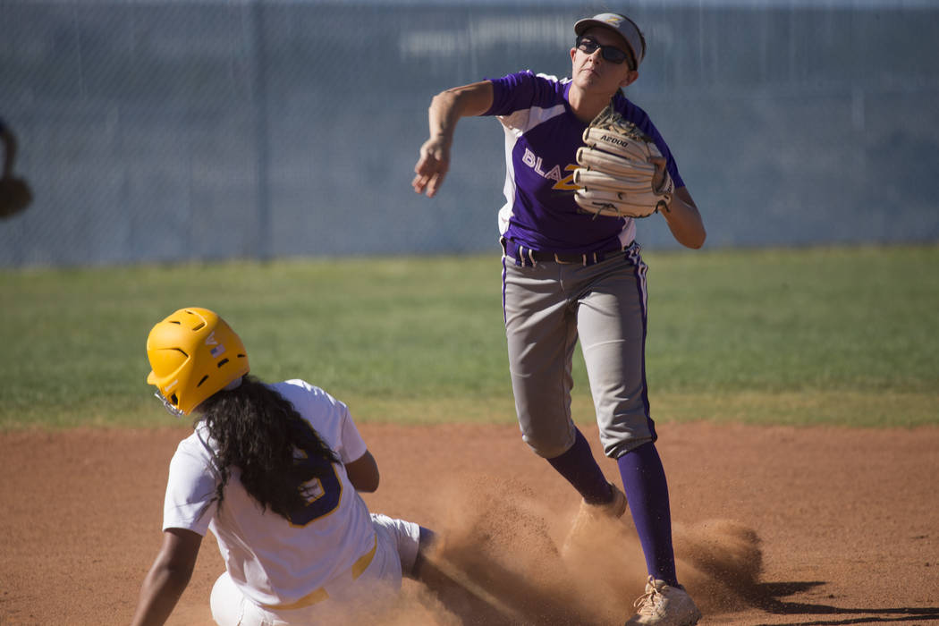 Durango’s Kaitlin Fazendin (33) throws late to first base after getting an out against ...
