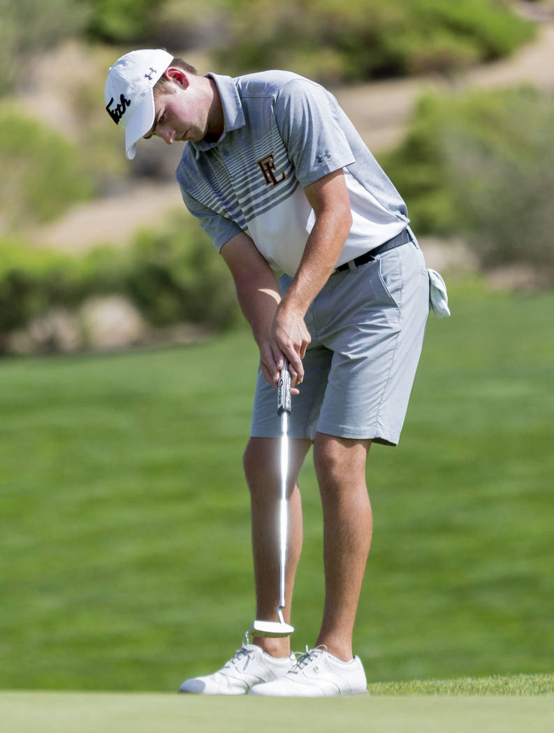 Faith Lutheran’s Charlie Magruder on the 16h hole during Sunset Region boys golf tourn ...