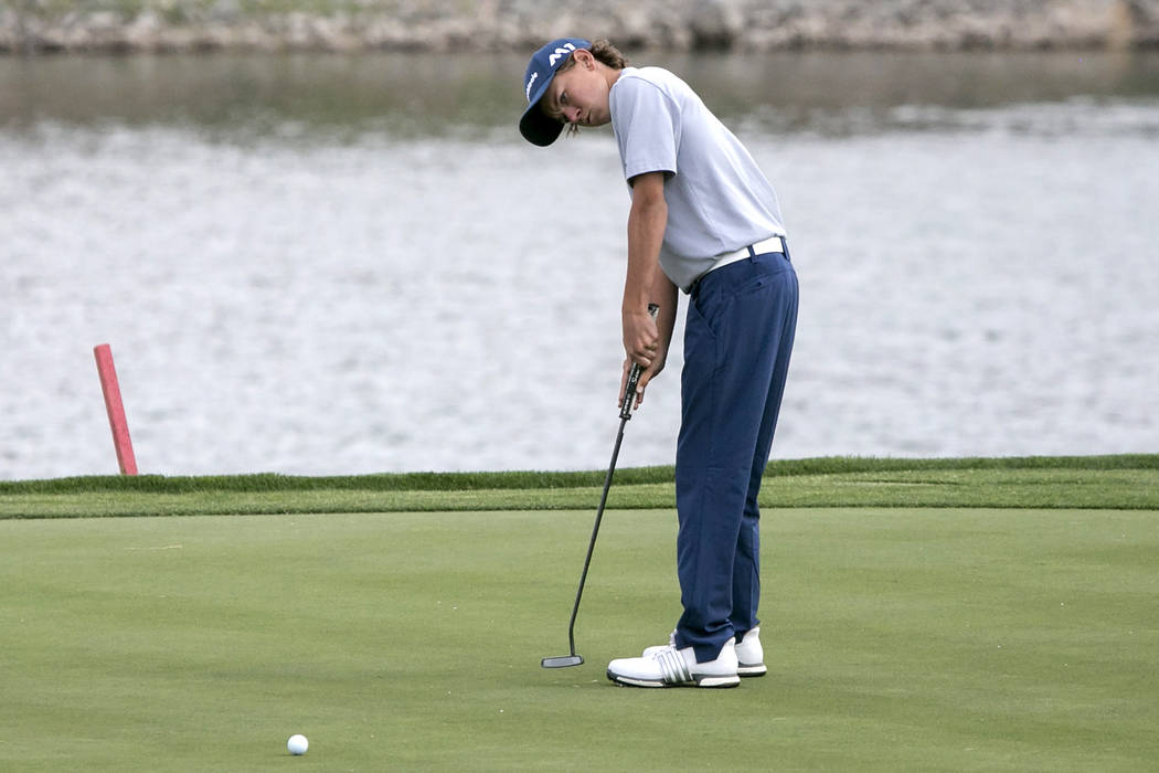 Coronado freshman Brett Sodetz hits the ball on the 18th hole of the Sunrise Region golf tou ...