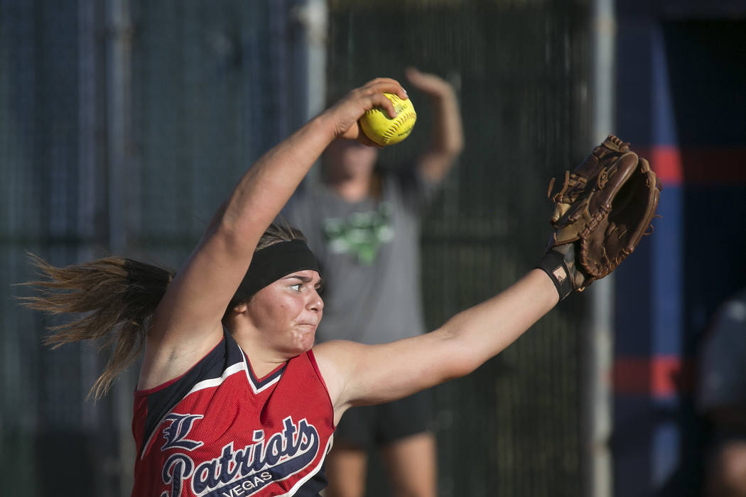 Liberty senior Breanna Alvarez pitches to Rancho during a Sunrise Region softball tournament ...