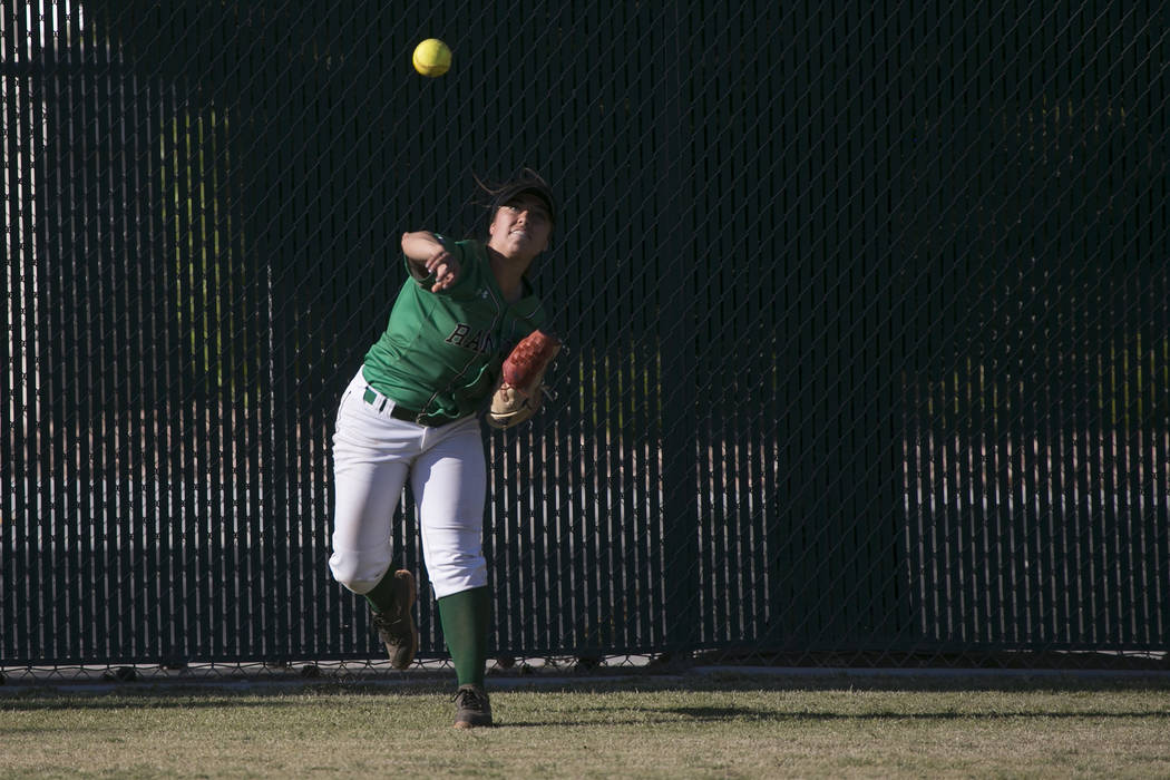 Rancho senior Katerina Anthony throws the ball from outfield during the team’s playoff ...