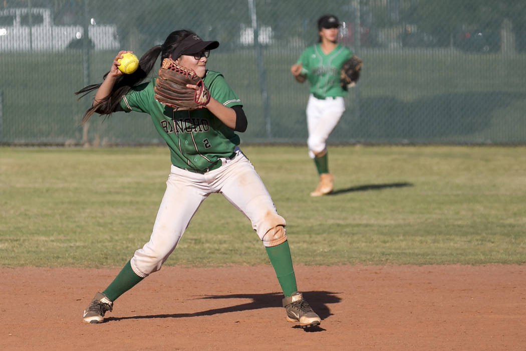 Rancho senior Jazmin Gonzalez throws the the ball to first base during the team’s play ...