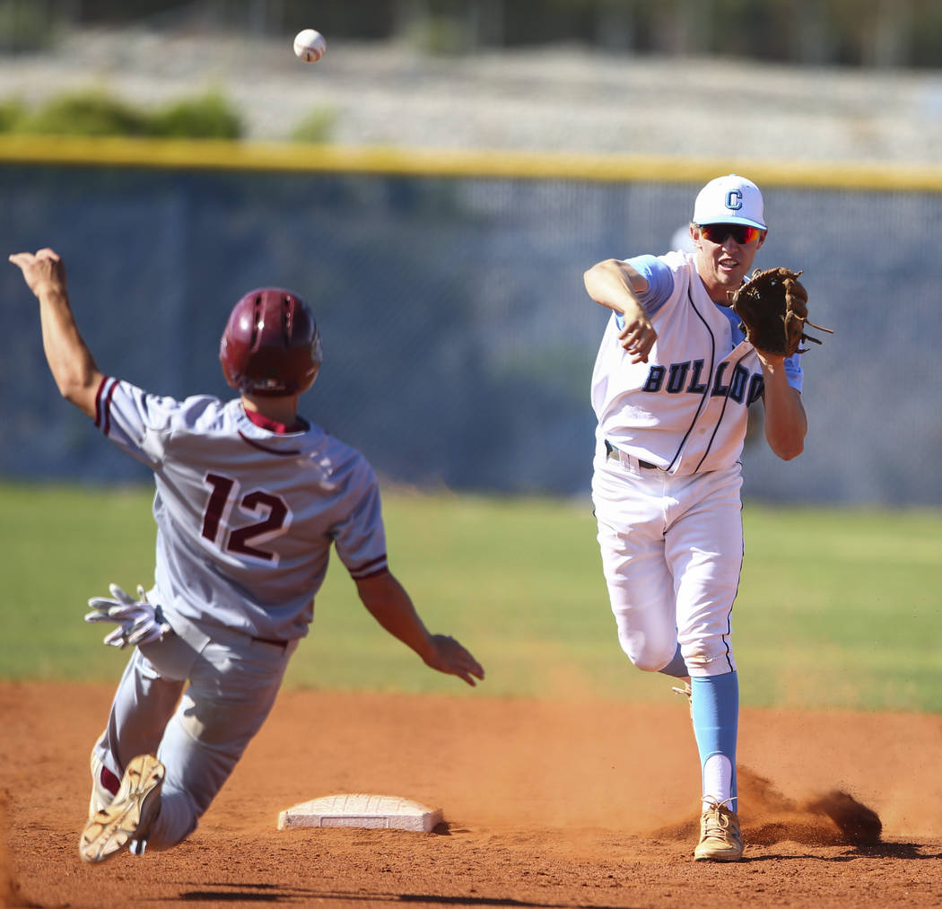Centennial’s Jake Rogers throws to first base after tagging out Desert Oasis’ Ja ...