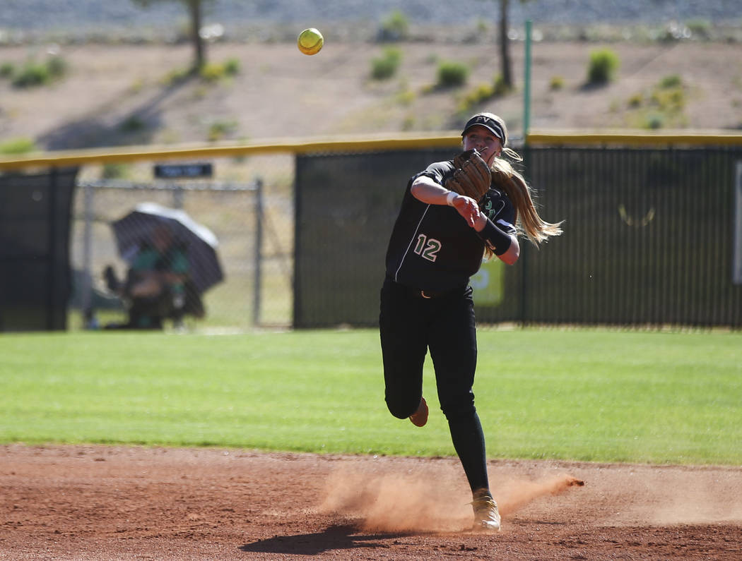 Palo Verde’s Ally Snelling throws to first base during a Sunset Region softball tourna ...