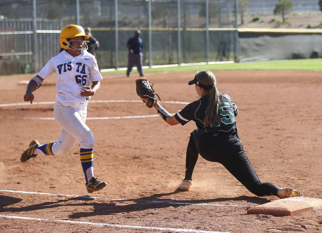 Sierra Vista’s Taylore Edwards (66) gets tagged out at first base by Palo Verde’ ...