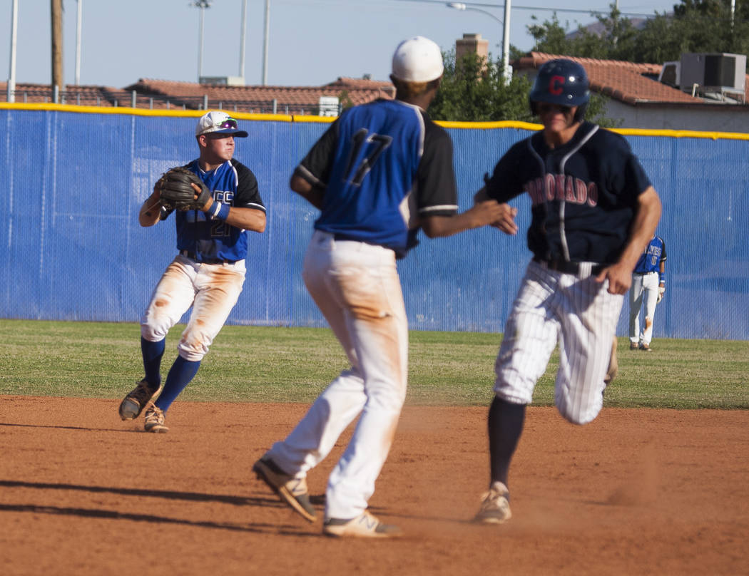 Basic looks to make a play at first against Coronado at Basic High School in Henderson on Th ...