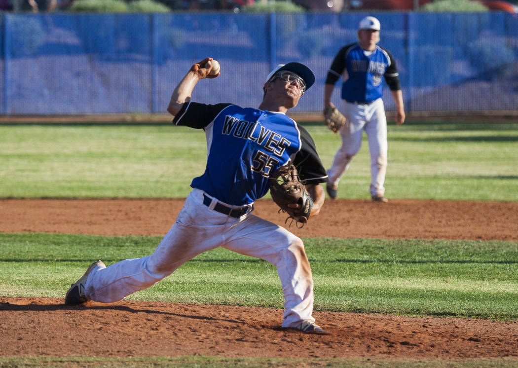 Basic’s Nick Thompson pitches against Coronado at Basic High School in Henderson on Th ...