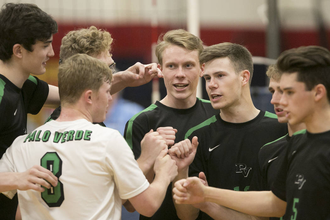 Palo Verde players celebrate a play during a match against Centennial for the Sunset Region ...